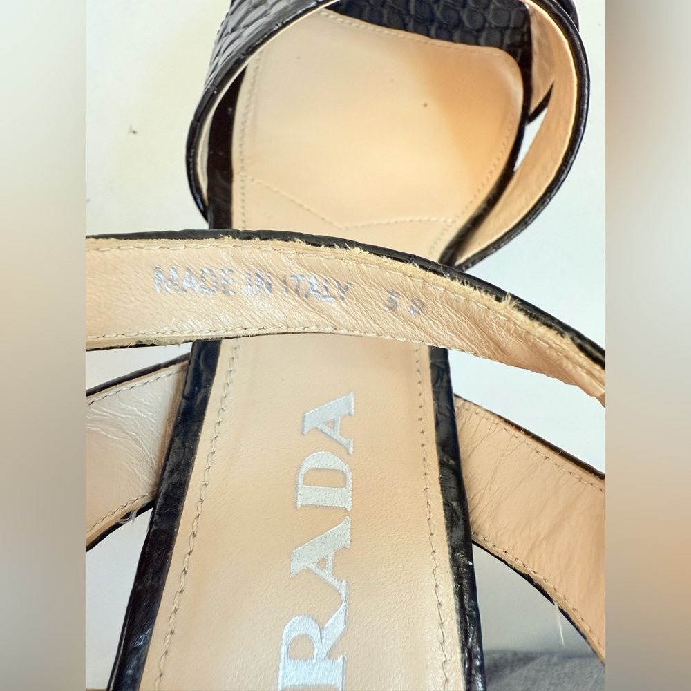 Prada Black Embossed Croc effect leather Quarter strap platform sandals EU 38 - Picture 9 of 9